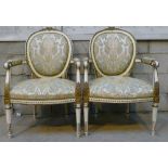 Pair Louis 15th XV Style Armchairs: Painted & upholstered in cream & gold.