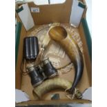 A mixed collection of items to include: leather cigar case, cattle horns, opera glasses etc.