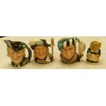 Royal Doulton Large Character Jugs: Robin Hood D6527, The Falconer D6533 , Aramis D6441 & Woods &