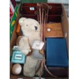 A mixed collection of items to include: Edwardian inlaid walnut box, later desk tidy, vintage