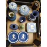 Wedgwood items to include Queens blue vases: pin trays, jasper blue lidded boxes etc