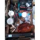 A mixed collection of items to include: boxed kitchen utensils, costume jewellery, egg box etc