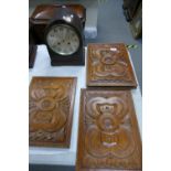 A mixed collection of items to include: Carved Oak Panels: together with Distressed Mantle Clock