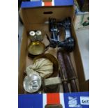 A mixed collection of items to include cast iron scales, Burmese decorative knives etc.
