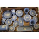 A collection of Wedgwood jasperware: to include tankard, lidded boxes, rectangle tray, vases, ash