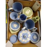 Wedgwood items to include: sage green lidded box, vases, jasper ware tankards etc