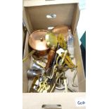 A mixed collection of items to include copper pans: military issue button polishers, fire irons etc.