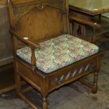 Oak Priory Style Settle: drawer noted under seat, 74cm wide