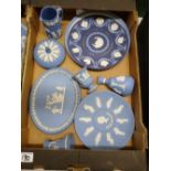 Wedgwood jasper ware items to include: tri colour plate, plates, vases, dressing table tray etc