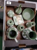 A Wedgwood sage green items to include: vases, lidded boxes etc