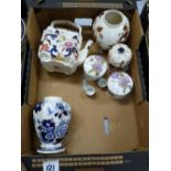 A collection of masons items: to include manaday kettle (lid missing), lidded jars, sapphire vase