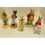 Royal Doulton Bunnykins Figures: Father, Angel, Tourist, Hornpiper & Happy Birthday(5)