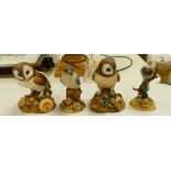 Royal Crown Derby Bird Figures: Brown Owl & Australian King Fisher, damaged brown Owl & Damaged Blue