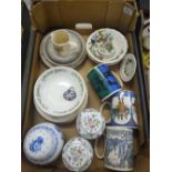 A mixed collection of items to include: wedgwood mugs, Johnson bros dinner ware, Minton Haddon