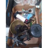 A mixed collection of items to include: vintage scales, table mounted mincer, weights etc