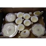 Minton Hanbridge part teaset : to include 6 trio's, 6 side plates, milk jug and lidded sugar