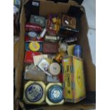 A mixed collection of items to include: Vintage tins, advertising tins, boxes etc