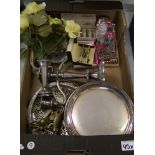 A mixed collection of silver plated items to include: tazza, candlesticks, costume jewellery etc