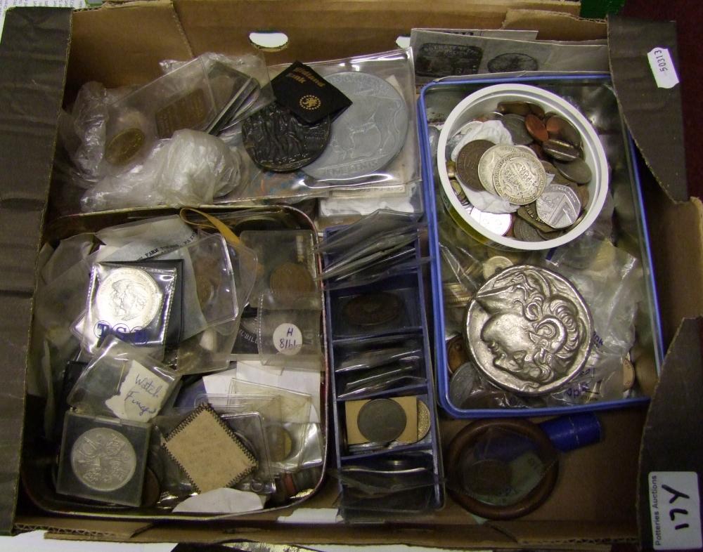 A mixed collection of coins: including UK pre-decimal and decimal, world coins and medallions.