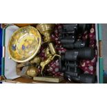 A mixed collection of items to include: Brass figures and lights, silk smokers jack & binoculars etc