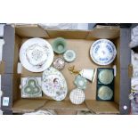 A mixed collection of Wedgwood items to include: Clio patterned lidded pot, Sage Green Jasper ware