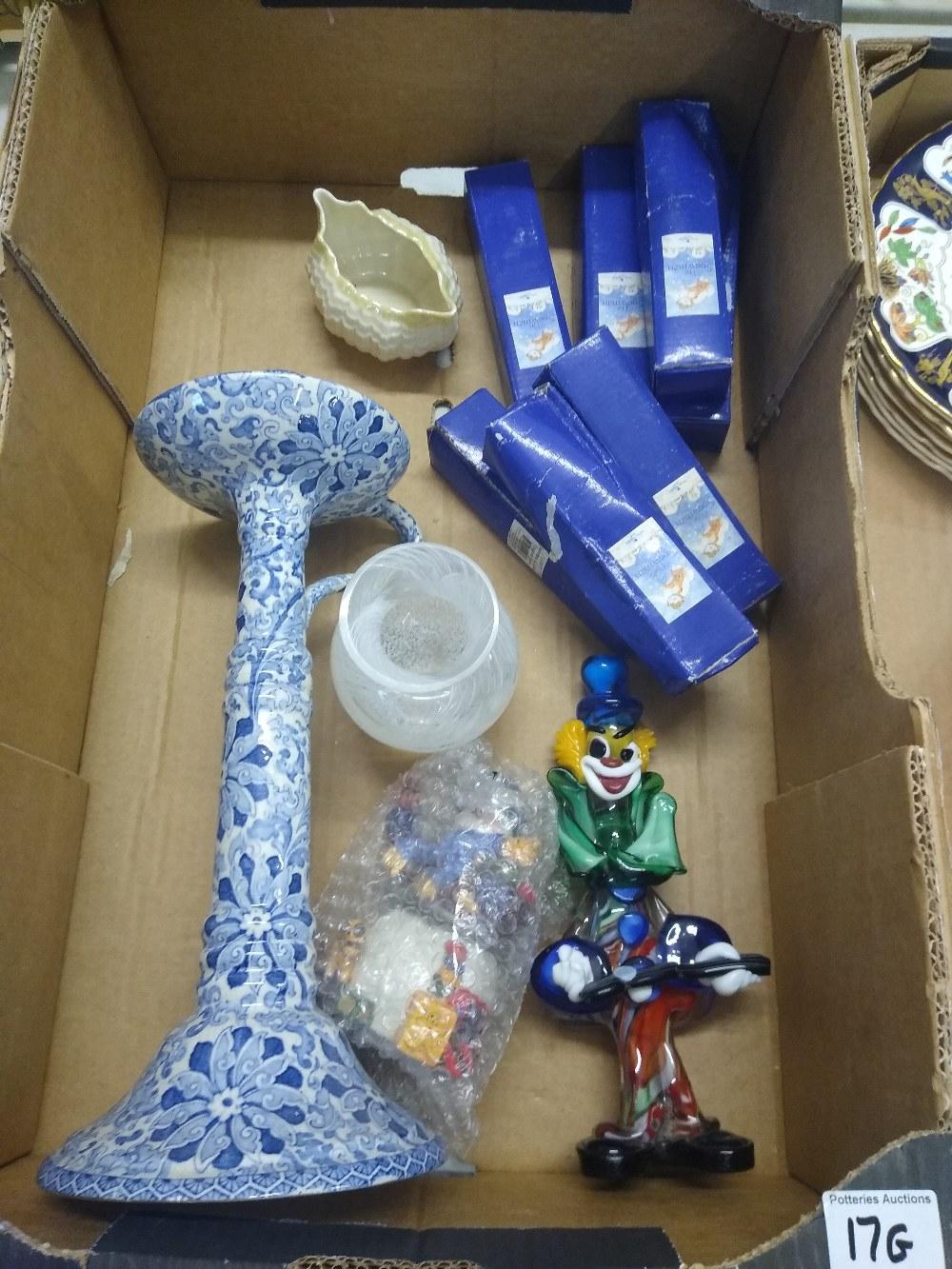 A mixed collection of items to include: the snowman boxed spoons, murano glass clown, Wood & son