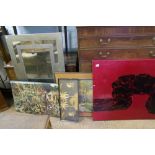 A collection of artwork: including mid century print, modern oil on canvas, oriental themed item and