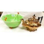 Beswick Cabbage Ware Large Salad Bowl: with spoon together with Victorian gilded teapot(2)