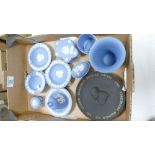 A collection of Wedgwood jasper ware to include: pin trays, ash trays, bell, trinket box etc