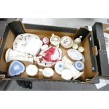 A mixed collection of items to include: damaged Royal Doulton lady figure, Royal Crown Derby Pin