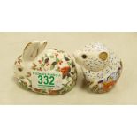Royal Crown Derby paperweights: Meadow Bunny(no stopper) & Poppy Mouse(gold stopper)(2)