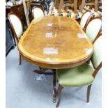 Reproduction Inlaid Burr Walnut Extending Table: with 6 matching chairs including carvers