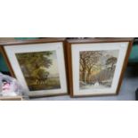 Pair Oak Framed Prints of Stags in Countryside(2): 73 x 59cm overall