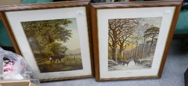 Pair Oak Framed Prints of Stags in Countryside(2): 73 x 59cm overall