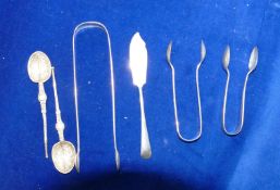 Group of silver tongs spoons etc: Tongs x 3, coronations spoons x 2 & a butter knife,