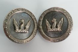 Two large military belt buckles or similar: Measuring 52mm wide, the fronts are silver or plated,