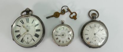Three silver pocket watches: Two gents and 1 ladies, all at fault or not working.