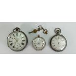 Three silver pocket watches: Two gents and 1 ladies, all at fault or not working.