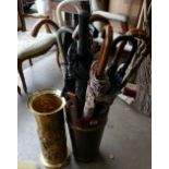 Painted Barrel type Umbrella Stand: with a selection of Umbrella's and similar brass item