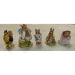 Royal Albert Beatrix Potter figures: Sally Henny Penny, Benjmain Bunny sat on a bank,