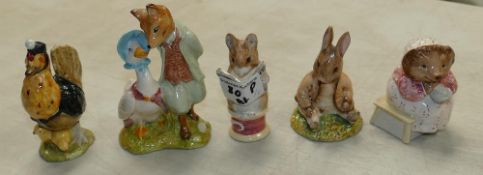 Royal Albert Beatrix Potter figures: Sally Henny Penny, Benjmain Bunny sat on a bank,