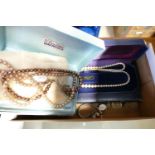 A collection of vintage costume jewellery: including boxed Lotus Pearls with silver clasp,