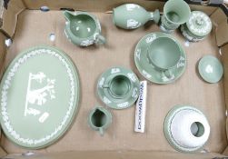 A collection of Wedgwood sage green items to include: night light, tea cup, saucer,