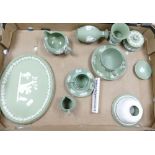 A collection of Wedgwood sage green items to include: night light, tea cup, saucer,