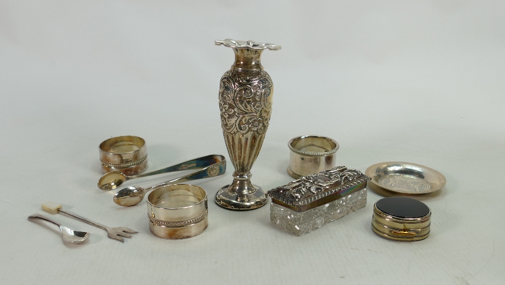 Group of silver & plated items: Includes silver vase (loaded), glass trinket dish with silver lid,