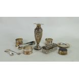 Group of silver & plated items: Includes silver vase (loaded), glass trinket dish with silver lid,