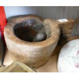 Early Carved Wood Pestle & Mortar: height 20cm
