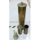 A collection of Brass Items to include: large converted Shell Casing, 7lb weight,