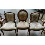 3 Continental Walnut Upholstered Chairs: including carver(3)