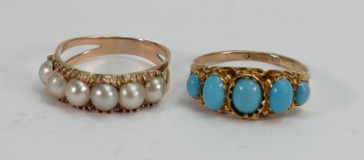 Two rings 9ct turquoise & a pearl set ring: Turquoise hallmarked 9ct,